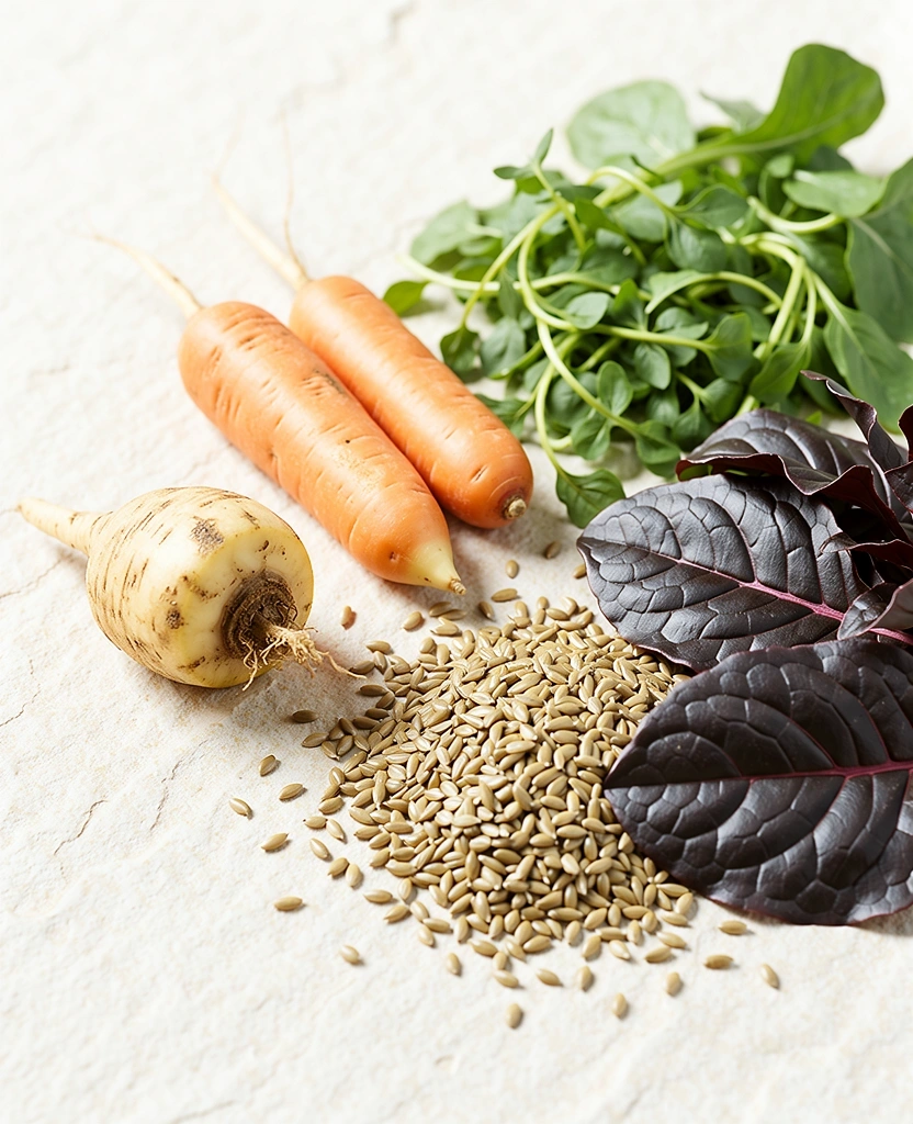 Tuoreita ravitsevia raaka-aineita kattauksessa